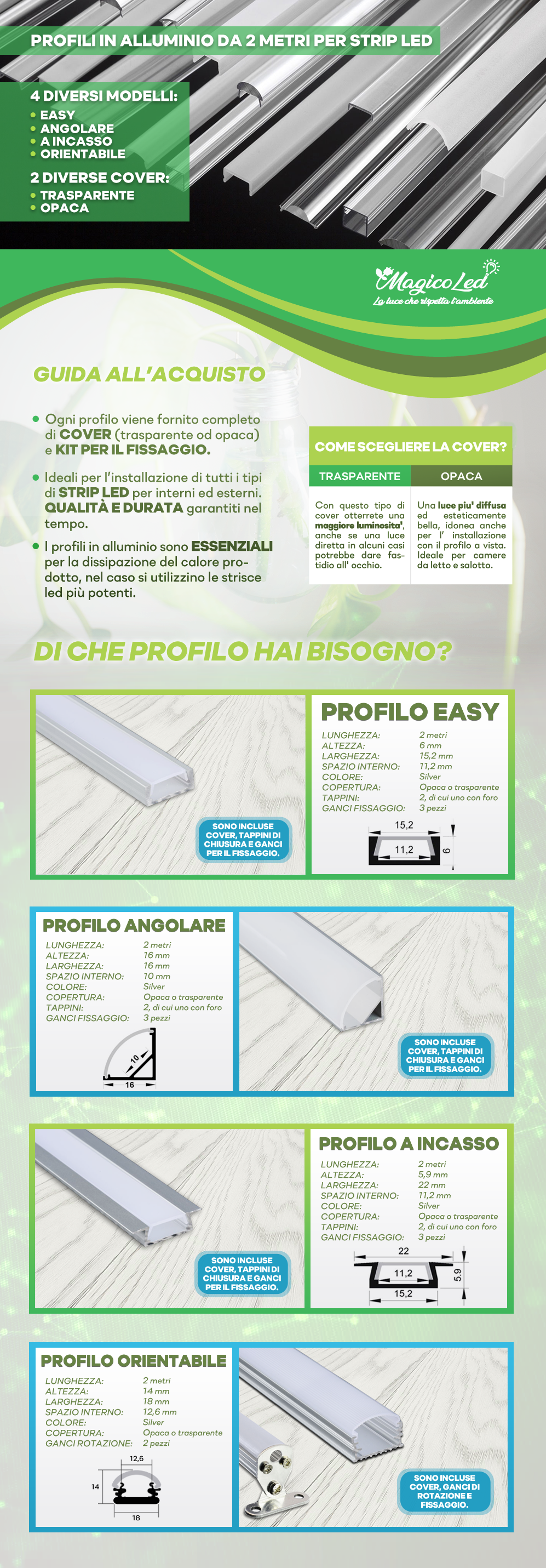 Profilo Alluminio 2mt Angolare Bianco 30°/60° X Strip Led + Cover Opaco +